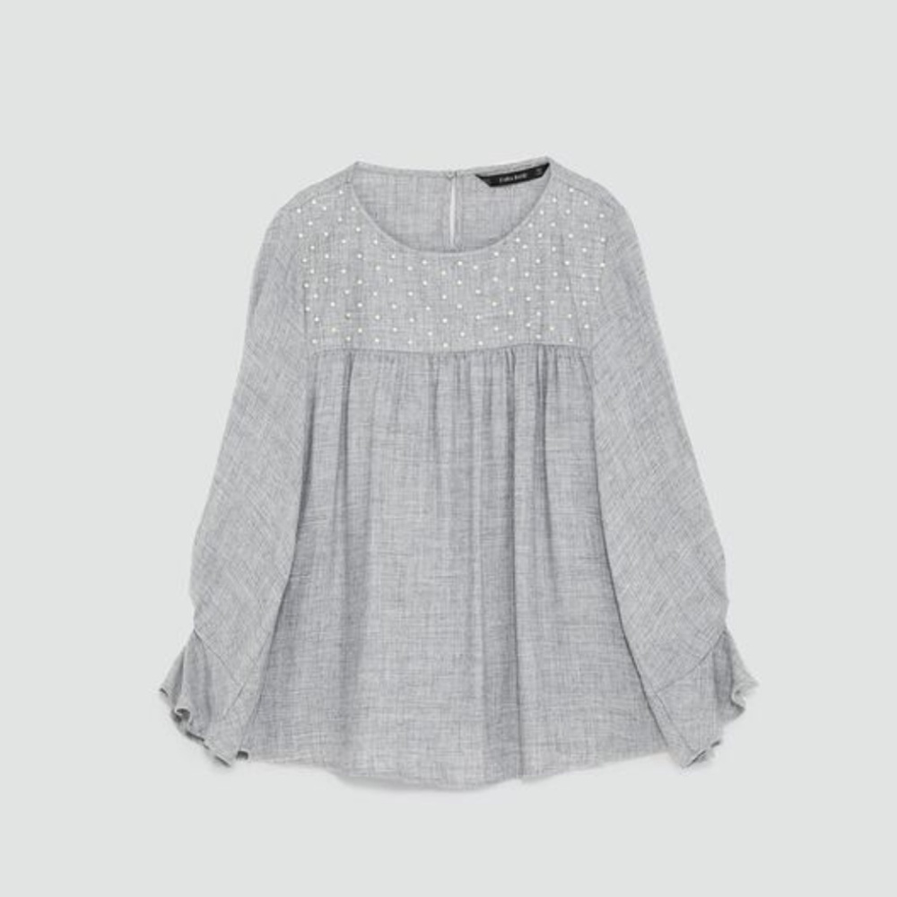 [Zara] Grey blouse with pearl beads